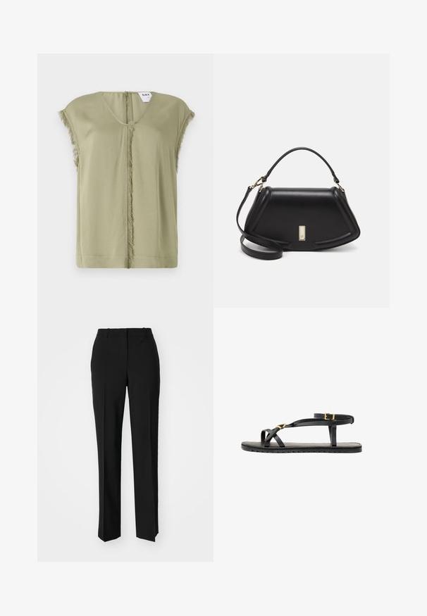 Olivgrünes Oberteil mit V-Ausschnitt, kurzen Ärmeln und fransigen Kanten in der Mitte. Aus weichem Stoff mit lockerer Passform.; Schwarze, taillierte Hose mit geradem Bein, aus einem glatten Stoff und mit klaren Falten an der Vorderseite. Keine sichtbare Hardware.; Schwarze Ledersandalen mit dünnen Riemen und einem geschnallten Knöchelriemen. Flache Sohle mit texturiertem Finish und Zickzackkante. Minimalistisches Design.; Schwarze Lederhandtasche mit einem strukturierten Design, das eine verkürzte Form, einen oberen Griff und goldfarbene Hardware-Details aufweist. Verstellbarer Schulterriemen ist enthalten.