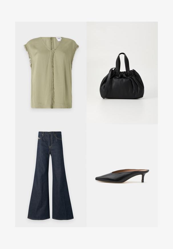 Haut vert olive avec un décolleté en V, des manches courtes et des bords effilochés au centre. Fabriqué en tissu doux avec une coupe décontractée.; Jean flare bleu foncé en denim, avec taille haute, accents de surpiqûre dorée, et deux poches avant avec fermeture à bouton.; Mules en cuir noir avec un bout pointu et un petit talon carré. Texture lisse avec un design épuré. Dos ouvert avec un minimum de détails.; Sac à main en cuir noir avec un design à haut froncé, doté de deux poignées courtes et d'une bandoulière longue et réglable. Texture lisse, forme arrondie.