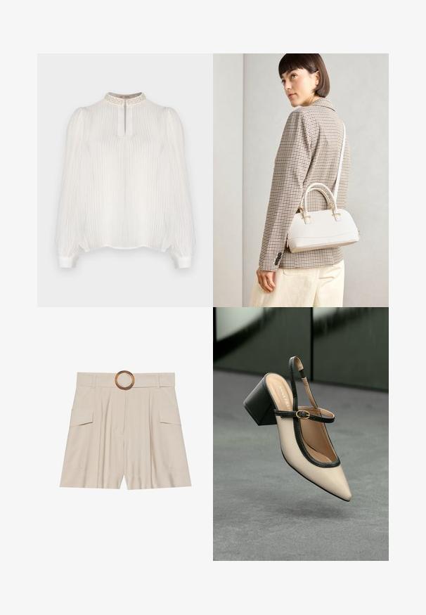 Blusa branca com riscas verticais, gola alta adornada com detalhes texturizados e mangas longas bufantes que terminam em punhos ajustados.; Bermudas beje de cintura alta com um cós largo e plano, fivela circular de madeira, frente plissada e dois bolsos laterais. Tecido suave.; Sandal de biqueira pontuda em bege com acabamento preto, fivela dourada e um salto bloco sólido, em um chão cinza com fundo verde escuro.; Bolsa estruturada branca com alças curtas e uma alça de ombro, com detalhes em hardware dourado e material texturizado, exibida contra um fundo cinza.