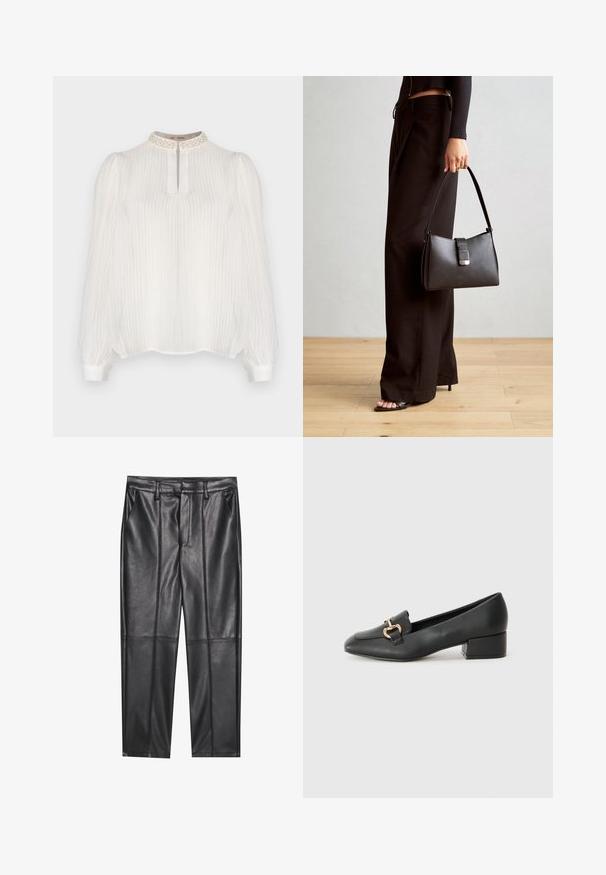 Blusa branca com riscas verticais, gola alta adornada com detalhes texturizados e mangas longas bufantes que terminam em punhos ajustados.; Calças de pele preta com uma textura suave, apresentando um ajuste reto, dois bolsos frontais e detalhes de costura visíveis.; Mocassins de couro preto com um salto baixo, apresentando um detalhe decorativo em metal dourado na parte da frente e uma textura suave.; Bolsa preta com forma estruturada, textura suave e um fecho metálico. Combinada com calças largas pretas e sandálias de salto aberto sobre um chão de madeira.