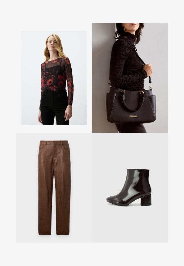 Zwarte langemouwen mesh top met een rood bloemenpatroon, voorzien van een ronde halslijn. Gecombineerd met hoge taille zwarte jeans.; Bruine leren broek met een gladde textuur, rechte pijpen en twee zijzakken. Bevat zichtbare stikdetails.; Zwarte gepatineerde leren enkelboots met een spitse neus en een chunky hak. Gladde textuur met een subtiele glans en strakke lijnen, minimalistisch ontwerp.; Zwarte handtas met gestructureerd oppervlak, dubbele bovenhandvatten en verstelbare schouderriem. Voorzien van goudkleurige hardware en zijzakken.