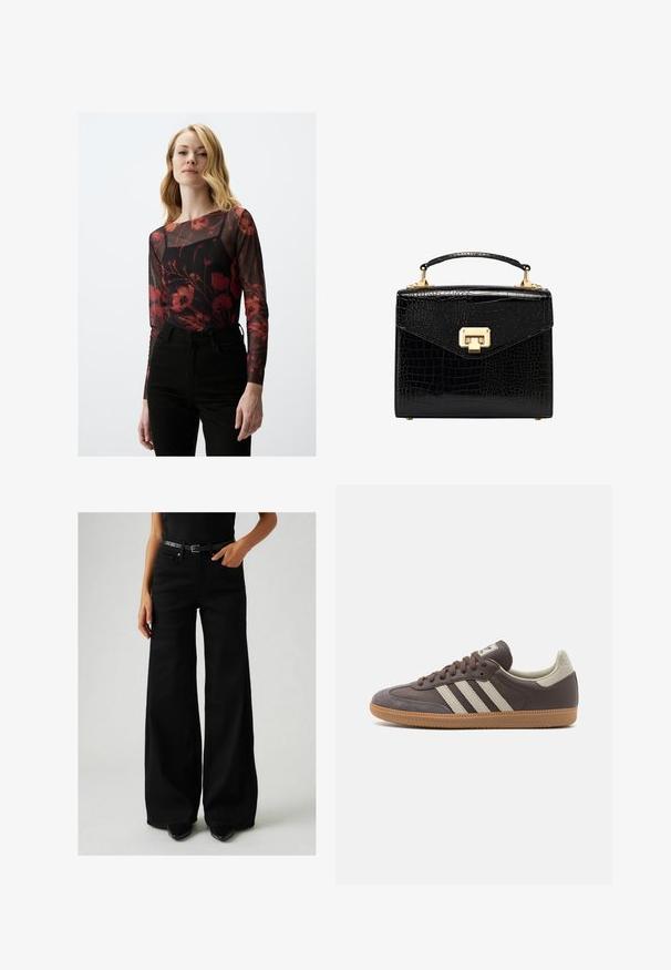 Camisetta nera a maniche lunghe in rete con motivo floreale rosso, dotata di scollatura rotonda. Abbinata a jeans neri a vita alta.; Jeans neri a gamba larga con vita alta, realizzati in denim. Presentano una cintura nera con fibbia regolabile e tasche laterali. Cuciture dettagliate visibili.; Sneaker in pelle marrone con tre strisce chiare, suola in gomma, punta arrotondata e dettagli in suede texture sul tallone e sulla punta.; Borsa nera in pelle faux-coccodrillo con design strutturato, hardware dorato, manico superiore e chiusura a patta magnetica.