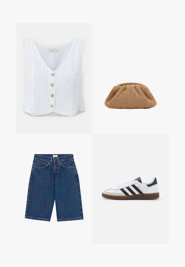 Biele bezrukávové tričko s výstrihom do V, s vertikálnymi modrými pruhmi, piatimi zlatými gombíkmi na prednej strane a skráteným lemom.; Džínové šortky v tmavomodrej farbe, s dizajnom piatich vreciek, rovný strih a viditeľné švy. Hladká textúra a stredne vysoký pás.; Biele kožené tenisky s čiernymi semišovými akcentmi, tromi čiernymi pruhmi, béžovou gumovou podrážkou a zlatým označením "SPEZIAL" na boku.; Pletená béžová kabelka s nariaseným dizajnom a zaobleným tvarom, s textúrovaným povrchom a mäkkým horným otvorom.