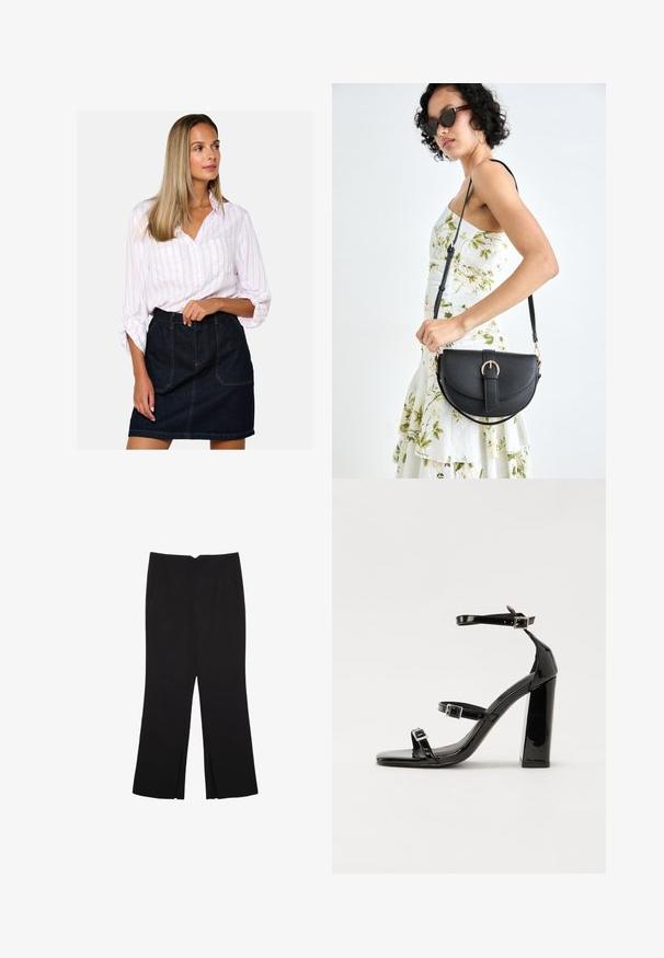Bela srajca z gumbki in rožnatimi črtami, povezana z krilom iz temnega denima z visokim pasom, ki ima sprednje žepe in vidne šive.; Črne hlače ravnega kroja z naglavnimi žepi in stranskimi razporki na robu. Narejene iz mehke, gladke tkanine. Primerne za različne priložnosti.; Črne lakirane sandale s peto, kvadratnim prstom, trakovi okrog gležnja in srebrnimi zaponkami. Opremljene so s stabilno Debelo peto.; Črna usnjena torbica s ukrivljeno obliko, z odstranljivo naramnico in zlatimi dodatki. Torbica ima pokrov s podrobnostmi v obliki zaponke.