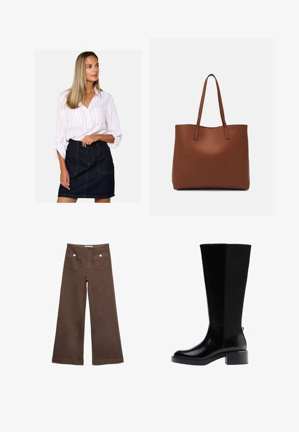 Weißes Hemd mit rosa Streifen, kombiniert mit einem hochgeschnittenen Jeansrock aus dunklem Denim mit Fronttaschen und sichtbaren Nähdetails.; Braune weit geschnittene Hosen aus Baumwolle, mit zwei Fronttaschen mit silbernen Knöpfen und einer glatten Textur.; Schwarzer kniehoher Stiefel aus glattem Leder, mit markanten Nähten, klobigem Absatz und einer strukturierten Rückseite für zusätzlichen Akzent.; Braune Leder-Tote mit glatter Textur, offenem Oberteil und zwei Schulterriemen. Verfügt über minimale Nähte und keine sichtbaren Beschläge.
