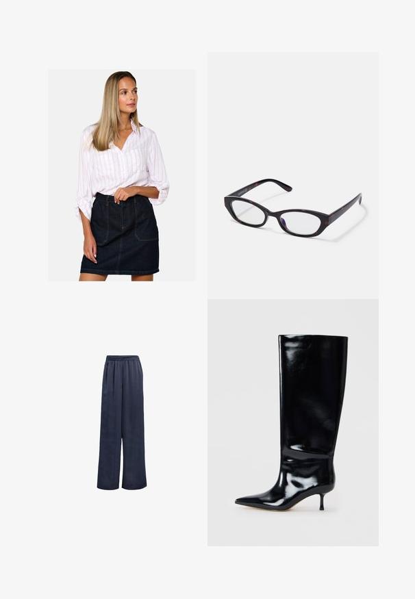 Camisa blanca de botones con rayas rosas, combinada con una falda de mezclilla oscura de talle alto que presenta bolsillos frontales y detalles de costura visibles.; Pantalones de pierna ancha en color navy, confeccionados en una tela suave con cintura elástica y sin herrajes visibles. Presentan un ajuste relajado y un diseño de largo completo.; Bota de cuero negra hasta la rodilla con un acabado brillante, puntera afilada y tacón delgado. Textura suave con detalles de diseño mínimos.; Gafas de estilo gato con un marco de plástico de carey oscuro brillante, con brazos curvados y lentes transparentes. Branding mínimo en el lateral.