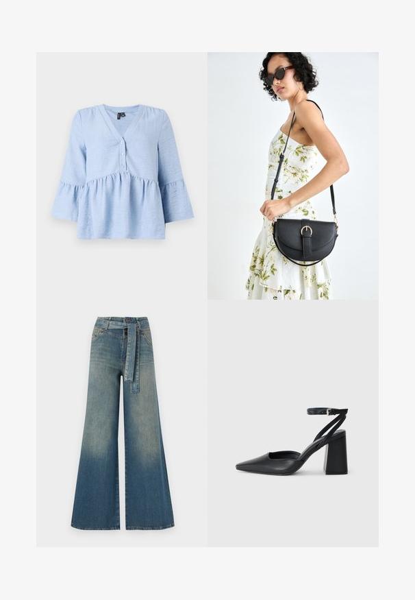 Light blue, textured blouse with a V-neck, buttons down the front, and flared sleeves. Features a gathered waist for added shape.; Wide-leg denim trousers featuring a light to dark blue gradient, high waist, belt loops, and a matching fabric belt. Textured denim finish.; Black leather pointy-toe pump with an ankle strap and a chunky heel. Flat texture, sleek design, and minimalistic aesthetics.; Black leather handbag with a curved shape, detachable strap, and gold hardware. The bag features a flap with a buckle detail.