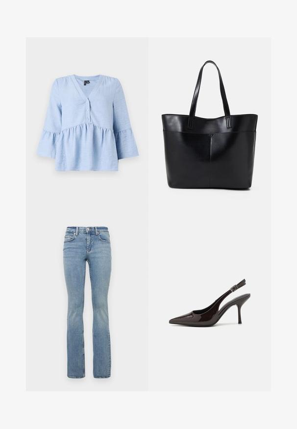 Hellblaue, strukturierte Bluse mit V-Ausschnitt, Knöpfen vorne und ausgestellten Ärmeln. Verfügt über eine geraffte Taille für zusätzliche Form.; Helle blaue Denim-Jeans im Schlagstil mit mittlerer Taille, fünf Taschen, Gürtelschlaufen und subtiler Auswaschung an den Oberschenkeln.; Slingback-Pumps aus glänzendem dunklen braunen Lackleder, mit spitzer Zehenpartie, offenen Seiten und verstellbarem Knöchelriemen.; Schwarze Leder-Shopper-Tasche mit zwei langen Griffen, einer glatten Textur und einer strukturierten Form. Verfügt über eine Vordertasche für zusätzlichen Stauraum.
