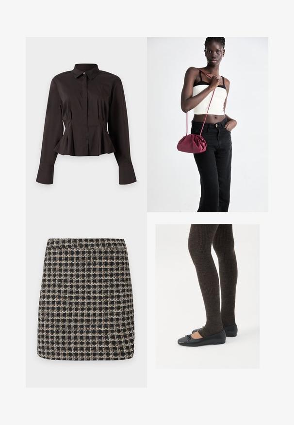 Svart långärmad blus för kvinnor med spetsig krage, dolda framknappar, figurnära midja och utsvängd nederkant och ärmkant.; Svart och beige rutigt minikjol med en texturerad väv och en slät midja, med en strukturerad passform och enkel design.; Svarta platta skor med en liten rosett vid tån, i kombination med mörkbruna ribbade strumpbyxor. Skorna har en slät yta och låg profil.; Burgundy mjukt tyg handväska med en samlad design och en lång rem, bärs över kroppen. Modellen bär en vit crop top och svarta jeans.