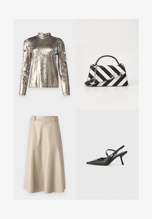 Garšīga piedurkņu, augsta kakla blūze, kas izklāta ar sudraba spīdekļiem. Tai ir gluda tekstūra, pieguļoša silueta un puffa plecu dizaina detaļas.; Bežs ādas midi svārki ar gludu tekstūru, plašu jostas variantu un izplūdušu apakšējo malu; satur izšūtas vīles papildus detaļām.; Melnas ādas slingback papēži ar norādītu purngalu, izsmalcinātu papēdi un dekoratīvu sprādzi uz priekšpuses. Gluda tekstūra un elegants dizains.; Melnām un baltām svītrām rotāta rokassoma ar strukturētu formu, ar augšējo rokturi, noņemamu ķēdes siksnu un metāla logotipa akcentu.