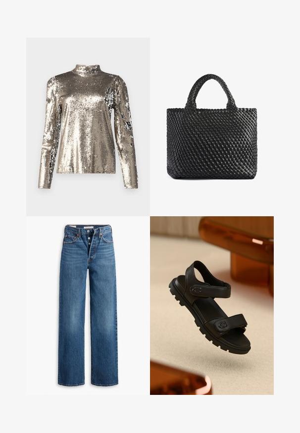 Dlhý rukáv, top s vysokým golierom pokrytý striebornými flitrami. Má hladkú textúru, priliehavý strih a detaily s nafúknutými ramenami.; Biele dlhé rukávy tričko vyrobené z bavlny. Má klasický okrúhly výstrih a spadnuté ramenné švy, s hladkou, jednofarebnou textúrou.; Modré džínsy s širokými nohavicami, piatimi vreckami, zapínaním na gombíky a kontrastným prešívaním. Štruktúrovaná tkanina s vyblednutým povrchom.; Čierne kožené sandále s dvoma nastaviteľnými popruhmi, textúrovanou podrážkou a výrazným, robustným dizajnom. Má akcent loga na popruhu.; Čierna tkaná taška na rameno s dvoma rúčkami, s textúrovaným povrchom a obdĺžnikovým tvarom. Jednoduchý, jedinečný dizajn bez viditeľných kovových prvkov.
