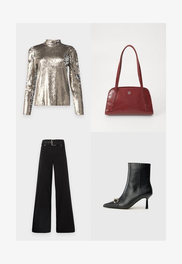 Long-sleeve, high-neck top covered in silver sequins. Features a smooth texture with a fitted silhouette and puffed shoulder design details.; Black wide-leg trousers made from cotton, featuring a high waist, large side pockets, and a belted waist with silver hardware accents.; Black leather ankle boot with pointed toe, slim mid-height heel, and silver buckle detail on side against plain background.; Red quilted handbag made of glossy material, featuring two long handles and a silver logo accent. Diagonal stitching creates texture.