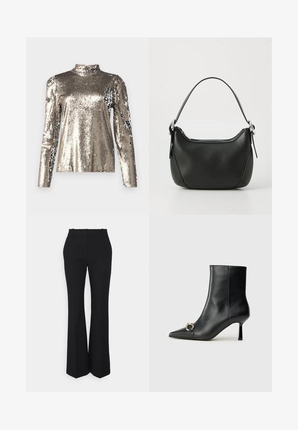 Langermet topp med høy hals dekket i sølv paljetter. Har en glatt tekstur med en tettsittende silhuett og puffede skulderdesigndetaljer.; Sorte plisede bukser med rette ben, lavet af et glat stof. Har høj talje og usynlige sidelommer.; Sorte lær ankle boot med spiss tå, slank mid-høyde hæl og sølvspenne på siden mot en enkel bakgrunn.; Svart skinnveske med en buet form, sølv glidelås og kort håndtak. Har en subtil logo på forsiden og glatt tekstur.