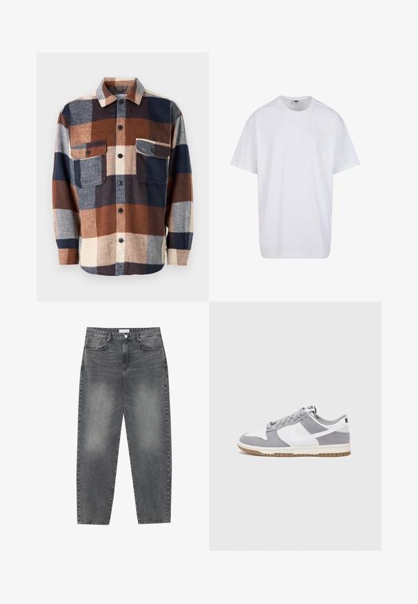 Geruit flanellen overhemd in bruin, marineblauw en crème. Voorzien van een knoopsluiting aan de voorkant, twee borstzakken en een spread collar. Zachte textuur.; Witte katoenen t-shirt met korte mouwen, ronde hals, relaxte pasvorm en zonder zichtbare logo's of patronen. Gladde textuur en minimalistisch ontwerp.; Hoge taille, losvallende jeans van vervaagd zwart denim. Beschikt over vijf zakken, riemlussen en een schone, rechte broekspijp ontwerp.; Grijze en witte sneaker met een bovenwerk van suede en leer, ronde neus, platte veters en een rubberen zool met een gumaccent.