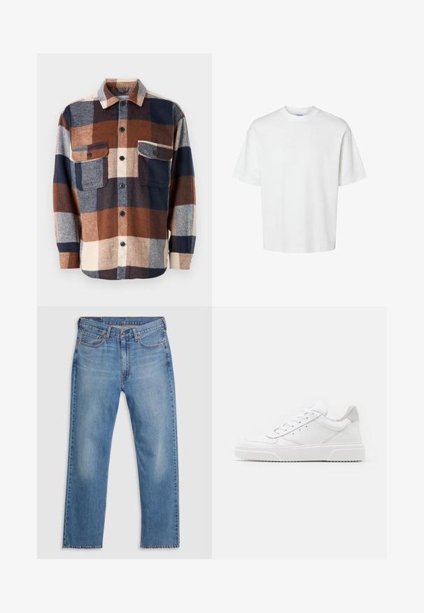 Rutig flanellskjorta i brunt, marinblått och krämfärgat. Har en knäppning framtill, två bröstfickor och en spridd krage. Mjuk textur.; Vit bomullströja med korta ärmar, rundad halsringning och en avslappnad passform. Slät textur utan synliga mönster eller detaljer.; Blå raka denimjeans med framknäppning och blixtlås, bälteshällor och fem-fickors design på vit bakgrund.; Vita lädersneakers med en slät yta, rund tå, platta snören och en texturerad sula. Grå mockadetalj vid hälen.