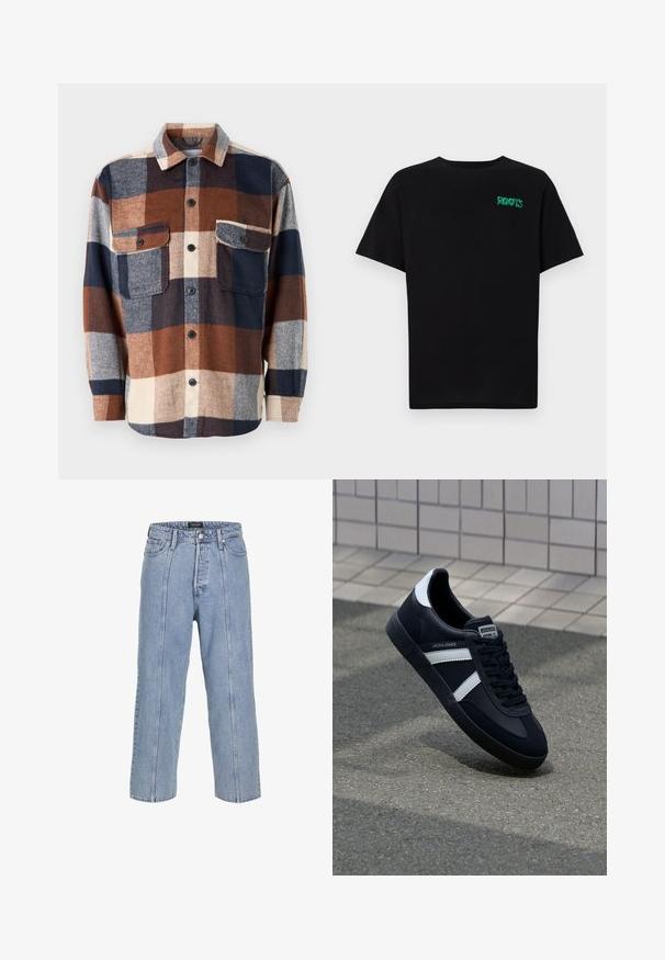 Károvaná flanelová košile v hnědé, námořnické a krémové barvě. Obsahuje zapínání na knoflíky, dvě náprsní kapsy a rozšířený límec. Měkká textura.; Černé tričko vyrobené z bavlny s krátkým rukávem. Na přední straně se nachází zelené logo "ROOTS", kulatý výstřih a standardní střih.; Světle modré džíny z denimu s volným střihem, širokými nohavicemi a viditelnými švy. Obsahují zapínání na knoflík a zip, pět kapes.; Černé kožené tenisky s bílými pruhy, texturovanou gumovou podrážkou a šněrováním vpředu. Obsahují značenou etiketu na jazyku.
