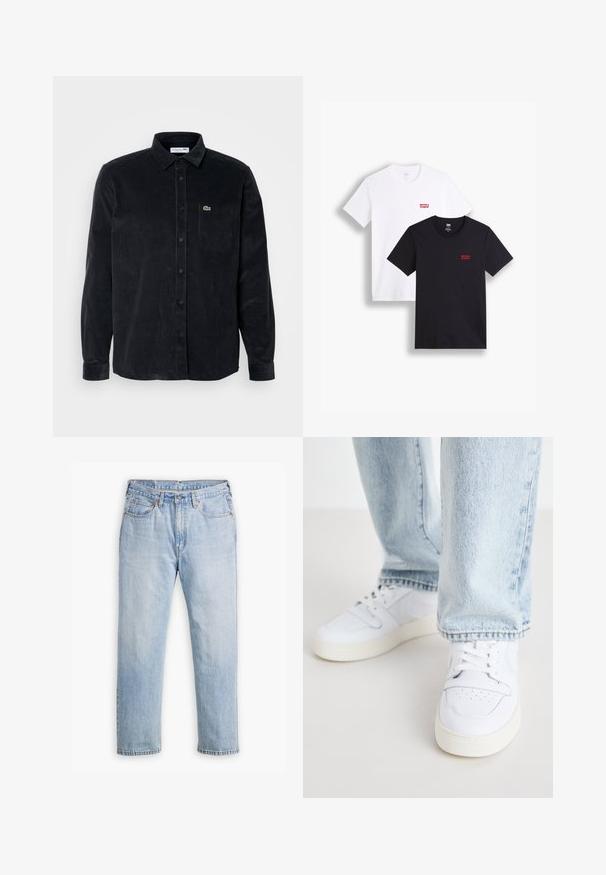 Camisa de manga larga de pana negra con cierre de botones, cuello puntiagudo y bolsillo en el pecho izquierdo que presenta un pequeño logo verde.; Dos camisetas de manga corta: una blanca y una negra. Ambas de algodón con un logo rojo de Levi's en el pecho. Diseño simple de cuello redondo.; Jeans de mezclilla azul claro con un diseño de pierna recta, estilo de cinco bolsillos y costuras en contraste. Cierre de botón y cremallera en la cintura.; Zapatillas bajas de cuero blanco con puntera perforada, cordones planos y diseño minimalista. Combinadas con pantalones vaqueros de mezclilla azul claro.