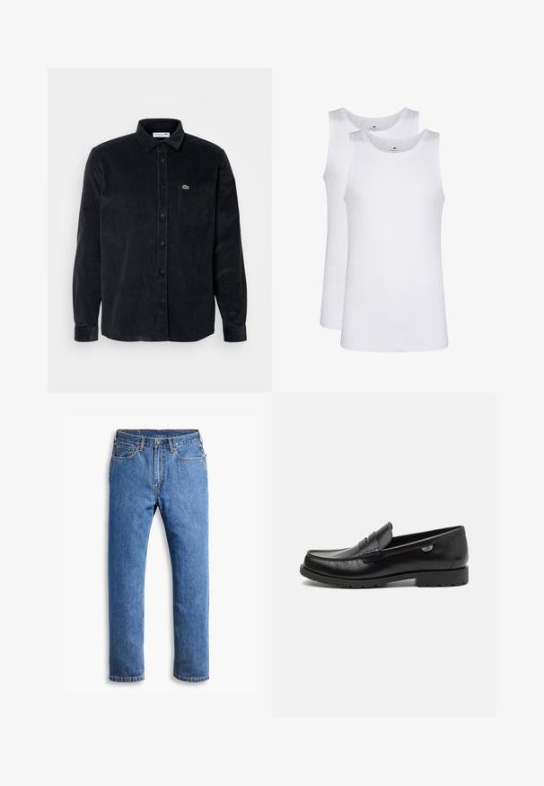 Juodas švelnios veliūrinės medžiagos ilgomis rankovėmis marškinis su mygtukų uždarymu, smailiu apykakle ir kairėje krūtinės pusėje esančia kišenėle, kurioje yra maža žalia logotipas.; Balti balti medvilniniai tankiai, be rankovių dizainas, apvalus kaklas, vientisas paviršius, pagaminti iš minkštos, lengvos medžiagos. Pavaizduoti du vienetai.; Mėlyni džinsai su tiesiu pjūviu, turintys penkias kišenes, mygtuko užsegimą ir oranžinius siūlus ant švarios baltos fono.; Juodi odiniai loafers tipo bateliai su apvalia nosimi, siuvinėjimu ir mažai logotipo akcentu šone. Patvari guminė padas su dideliu sukibimu.