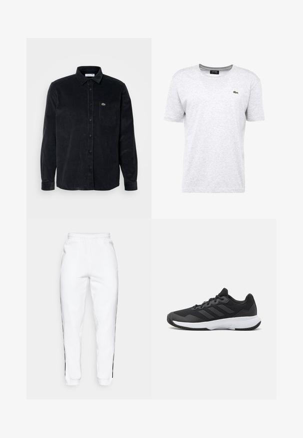 Langermet skjorte i svart kordfløyel med knappelukking, spiss krage og venstre brystlomme med en liten grønn logo.; Lys grå T-skjorte laget av en bomullsblanding, med rund hals, korte ermer og en liten grønn krokodillelogo på venstre bryst.; Hvite joggebukser med elastisk midje, med svarte sidestriper og mansjetter. Laget av myk stoff med en glatt tekstur.; Svart idrettssko med teksturert overdel, tre horisontale striper, og en hvit såle med mønstret gummibunn. Lettvekts og strømlinjeformet design.