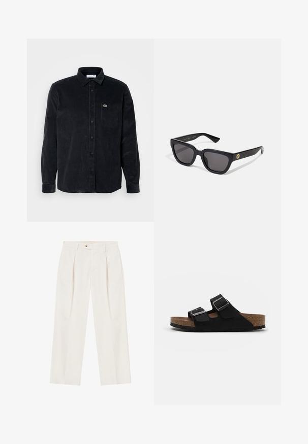 Zwarte corduroy overhemd met lange mouwen, knoopsluiting, puntkraag en een borstzak links met een klein groen logo.; Witte, wijde broek met plooien aan de voorkant, een enkele knoopsluiting en zijzakken. Glad textuur en op maat gemaakt ontwerp.; Zwarte suède sandalen met twee verstelbare banden, zilveren gespen en een kurken voetbed. Heeft een gestructureerde zwarte zool voor grip.; Zwarte rechthoekige zonnebril met een glanzende afwerking, donkere lenzen en goudkleurige accenten op de poot met het logo.