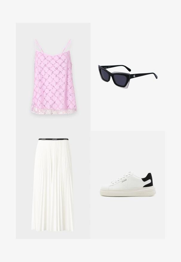 Różowa koszulka na ramiączkach z cienkimi spaghetti, ozdobiona błyszczącym wzorem diamentowym z cekinów, z przezroczystym dołem i gładką fakturą materiału.; Plisowana biała spódnica z czarnym elastycznym pasem z logo "LACOSTE". Średniej długości, o miękkiej teksturze.; Białe skórzane sneakersy z grubą białą podeszwą, czarnym zamszowym akcentem na pięcie oraz wytłoczonym logotypem z boku. Projekt z sznurówkami i sześcioma dziurkami.; Czarne, oversize okulary przeciwsłoneczne o geometrycznym kształcie, z ciemnymi soczewkami i kontrastującym szarym detalem na oprawie. Logo na ramieniu.