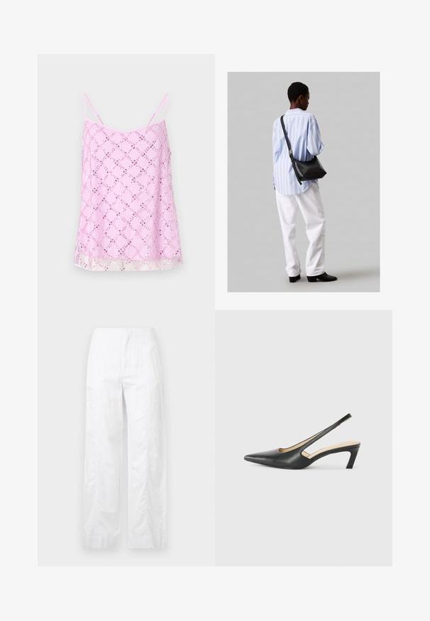 Roosa kampsun õhukeste spagettiribadega, kaunistatud sädeleva sädelevate teemandimustritega, millel on läbipaistev ääreosa ja sile kangateks.; Valged laiad püksid, mis on valmistatud kergetest materjalidest, omades siledat tekstuuri, puhtaid jooni ja kõrget vöökohta.; Must mustaga, terav varvas, madala kontsaga sildiga king, mis on valmistatud siledast nahast ja mille küljel on lõike disain hingavuse tagamiseks.; Must have mustras alasi nahkpatsi, pehme tekstuuriga, kolmnurkse kujuga ja reguleeritava rihmaga, koos helesinise triibulise särgi ja valgete pükstega.