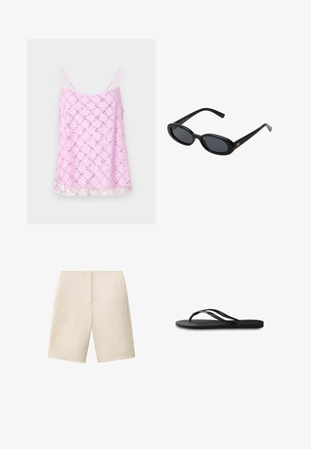 Roza majica na bretele s tankim trakama, ukrašena sjajnim uzorkom dijamanata od šljokica, s prozirnim rubom i glatkom teksturom tkanine.; Bež kvadratne lanene kratke hlače s ravnim prednjim dijelom, dva bočna džepa i krojem do koljena, s glatkom teksturom i krojenim dizajnom.; Crne japanke s teksturiranom gumenenom potplatom, dva uska remena i suptilnim, urezanim logom na remenu.; Crne velike sunčane naočale s ovalnim staklima, glatkim plastičnim okvirom i zlatnim detaljima na sljepočnicama. Tamna stakla pružaju zaštitu od sunca.
