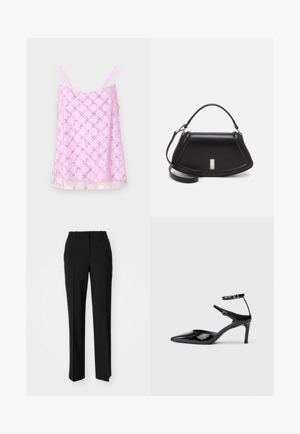Pink camisole top with thin spaghetti straps, adorned with a sparkling sequin diamond pattern, featuring a sheer hem and smooth fabric texture.; Black tailored trousers with a straight-leg design, featuring a smooth texture and crisp creases along the front. No visible hardware.; Black patent leather heels with a pointed toe, adjustable ankle straps, and a slender heel. Smooth texture with a shiny finish.; Black leather handbag with a structured design, featuring a cropped shape, top handle, and gold hardware accent. Adjustable shoulder strap included.