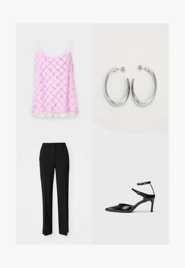 Růžový top na ramínka s tenkými špagetovými popruhy, zdobený třpytivým diamantovým vzorem z flitrů, s průhledným lemem a hladkou texturou látky.; Černé kalhoty na míru se střihem do rovna, které mají hladkou texturu a ostré sklady na přední straně. Bez viditelného kování.; Černé lakované kožené lodičky s špičatou špičkou, nastavitelnými nártními pásky a štíhlým podpatkem. Hladký povrch s lesklým povrchem.; Stříbrné kruhové náušnice s hladkým, zakřiveným designem. Vyznačují se lesklým kovovým povrchem a zapínáním na patent. Žádné viditelné vzory nebo akcenty.
