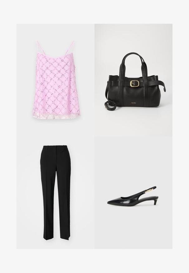 Tunique rose sans manches avec de fines bretelles en spaghetti, ornée d'un motif en sequins en forme de diamant scintillant, dotée d'un ourlet transparent et d'une texture de tissu lisse.; Pantalon noir ajusté avec une coupe droite, présentant une texture lisse et des plis nets sur le devant. Aucune quincaillerie visible.; Talons hauts en cuir noir avec un bout pointu, dotés d'un talon fin et d'un accent en ton or sur la lanière réglable. Texture lisse.; Sac à main en cuir noir présentant un design structuré, deux poignées supérieures, un accent de boucle en ton doré et un logo de la marque en relief à l'avant.