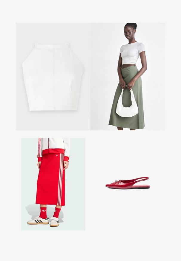 Weißes, kurz geschnittenes Haltertop mit dünnen Trägern, minimalen Nahtdetails und einer glatten Textur. Schlichtes, sauberes Design mit einem leicht lockeren Schnitt.; Roter Strick-Midirock mit drei weißen Streifen entlang der Seite, kombiniert mit weißen Sneakers und roten Socken, was ein sportliches Design zeigt.; Rote Leder-Slingback-Ballerina mit spitzem Zehenbereich und dekorativem Schnürdetail an der Vorderseite, ausgestattet mit einem schmalen Knöchelriemen und flachem Fußbett.; Grauer gerippter Croptop und olivgrüner Rock mit hoher Taille. Das Modell hält eine weiße Schultertasche mit Ausschnittdetails. Schlichte Gestaltung, taillierte Silhouette.