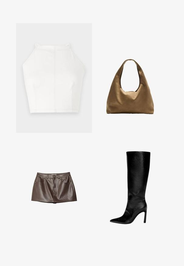 Bijela skraćena halterska majica s tankim trakama, minimalnim šavovima i glatkom teksturom. Jednostavan, čist dizajn s blago ležernim krojem.; Mini suknja od smeđe kože s glatkom teksturom, petljama za pojas, prednjim džepovima i kopčanjem na dugme u struku.; Čizme od crne kože do koljena s šiljastim vrhom, visokim štiklama, glatkom finišom i jednostavnim, elegantnim dizajnom bez ukrasa.; Smeđa platnena torba za rame s širokim, zaobljenim tijelom i velikim izrezanim drškom. Mekana tekstura, minimalistički dizajn i bez vidljivog hardvera.