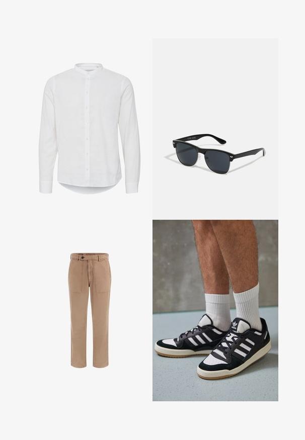 Fehér, hosszúujjú ing mandarin gallérral, gombos elülső résszel és enyhén ívelt aljjal. Könnyű vászon anyagból készült.; Beige színű, egyenes lábbetétes pamutzakó, nagy elülső zsebekkel és gombos derékzárással.; Fekete-fehér tornacipők velúr és bőr felsőrésszel, három fehér csíkkal, perforált orral és gumi talppal.; Fekete napszemüveg, téglalap alakú, sötét lencsékkel, ezüst részletekkel a szárakon, és matt felülettel a kereten.