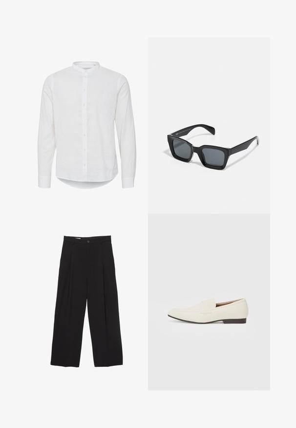 Fehér, hosszúujjú ing mandarin gallérral, gombos elülső résszel és enyhén ívelt aljjal. Könnyű vászon anyagból készült.; Fekete, bő szárú nadrág sima anyagból, lapos derékpánttal, elülső redőkkel és egy gombos záródással.; Világos bézs loaferek hegyes orral, sima anyagból, a lábfejen lévő pánttal és alacsony barna talppal. Egyszerű dizájn, minimális díszítéssel.; Fekete téglalap alakú napszemüveg sötét lencsék. Műanyag keret fényes felülettel, széles híddal és enyhén kúpos szárakkal.