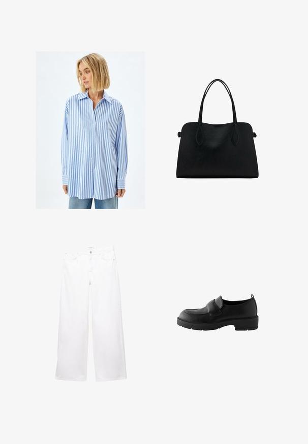 Blue and white striped oversized shirt, made of lightweight fabric, featuring a button-down front and wide cuffs.; White wide-leg jeans made of denim with a smooth texture. Features a button and zipper closure with two front pockets and two back pockets.; Black leather loafers with a rounded toe, featuring a front strap and a textured rubber sole for grip. Includes a pull tab at the heel.; Black leather handbag with dual shoulder straps, rectangular shape, and minimalistic design on a white background.