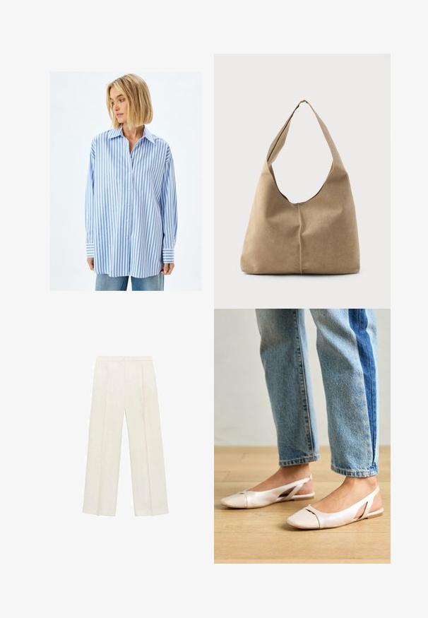 Blau-weißt gestreifte, übergroße Hemdbluse aus leichtem Stoff, mit durchgehender Knopfleiste und breiten Manschetten.; Weit geschnittene Hosen in einem hellen cremefarbenen Farbton. Hergestellt aus einem glatten Stoff mit Falten an der Vorderseite und seitlichen Taschen.; Blassrosa Slingback-Ballerinas mit spitzem Punkt, aus einem glatten, lederähnlichen Material. Mit Ausschnitten an den Seiten und einem flachen Absatz.; Hobo-Tasche aus weichem beigen Wildleder mit einer lässigen Form, breitem Schulterriemen und einer handgestickten Nahtdetail entlang der Vorderseite.