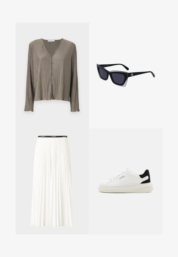 Plisowana bluzka z długim rękawem w oliwkowej zieleni, z dekoltem w kształcie litery V i sześcioma guzikami z przodu. Gładka, błyszcząca faktura.; Plisowana biała spódnica z czarnym elastycznym pasem z logo "LACOSTE". Średniej długości, o miękkiej teksturze.; Białe skórzane sneakersy z grubą białą podeszwą, czarnym zamszowym akcentem na pięcie oraz wytłoczonym logotypem z boku. Projekt z sznurówkami i sześcioma dziurkami.; Czarne, oversize okulary przeciwsłoneczne o geometrycznym kształcie, z ciemnymi soczewkami i kontrastującym szarym detalem na oprawie. Logo na ramieniu.