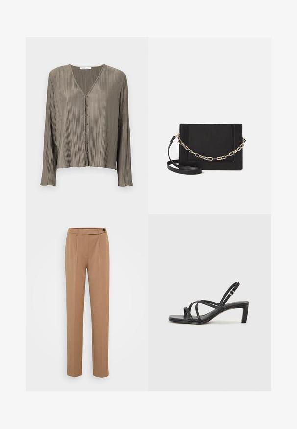 Faltet langermet bluse i olivengrønn, med V-hals og seks knapper foran. Glatt, skinnende tekstur.; Brune skreddersydde bukser med rett ben, med en enkelt knappelukking og plisserte detaljer foran. Glatt tekstur, minimalistisk stil.; Sorte sandaler med stropper, firkantet tå og lav blokk hæl. Har flere tynne stropper og en justerbar ankelstropp. Laget av glatt lær.; Svart lær crossbody-veske med glatt tekstur, rektangulær form og metallkjede detaljer på framsiden. Justerbar stroppe inkludert.