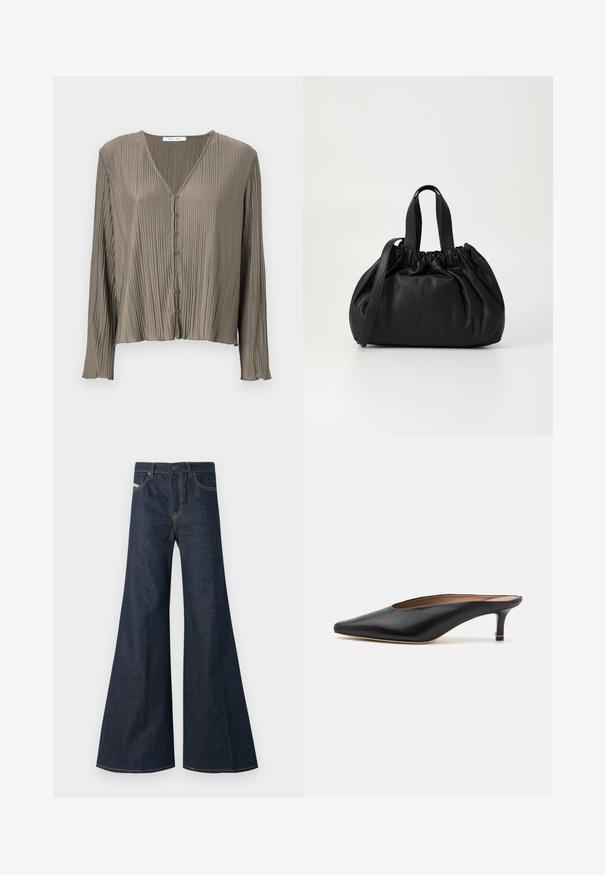 Plissé langemouwen blouse in olijfgroen, voorzien van een V-hals en zes knopen aan de voorkant. Soepele, glanzende textuur.; Donkerblauwe flared jeans van denim, met een hoge taille, gouden stiksels en twee voorzakken met een knoopsluiting.; Zwarte leren muiltjes met een puntige neus en een lage, blokhak. Glad oppervlak met een gestroomlijnd ontwerp. Open achterkant met minimale details.; Zwarte leren handtas met een geplooid ontwerp aan de bovenkant, voorzien van twee korte handvatten en een lange verstelbare schouderband. Gladde textuur, ronde vorm.