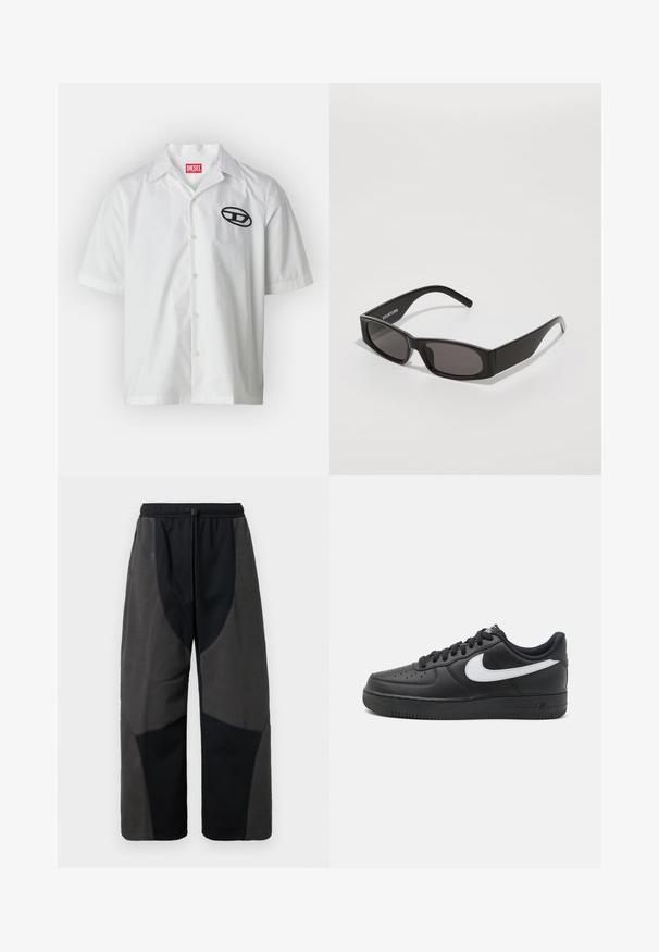 Kurzärmliges weißes Hemd aus Baumwolle mit Kragen, mit schwarzem gesticktem Logo auf der linken Seite und Knopfverschluss.; Schwarz gefütterte, lockere Hose mit Fleece-Akzenten, die kontrastierende dunkelgraue Stoffpaneele und einen verstellbaren Kordelzugbund aufweist.; Schwarze Nike Air Force 1 Sneakers mit einem glatten Lederobermaterial, weißem Logo-Akzent, durchlöchtem Zehenbereich und strukturierter Gummisohle.; Schwarze rechteckige Sonnenbrille mit dunklen Gläsern, einem glatten Kunststoffrahmen und einem dezenten Logo am linken Bügel. Minimalistisches Design.