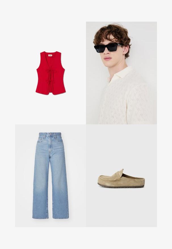Rode mouwloze top met een diepe V-hals en twee strikjes aan de voorkant, vervaardigd uit gladde stof met een aansluitend ontwerp en subtiele textuur.; Lichtblauwe high-waist wijde jeans met een knoop- en ritssluiting aan de voorkant, voor- en achterzakken, op een witte achtergrond.; Birkenstock NAPLES WRAPPED LEVE TAUPEN - REGULAR - Muiltjes - taupe; Zwarte rechthoekige zonnebril met dikke monturen, gedragen door een persoon in een crèmekleurig polo-shirt met een kraag.