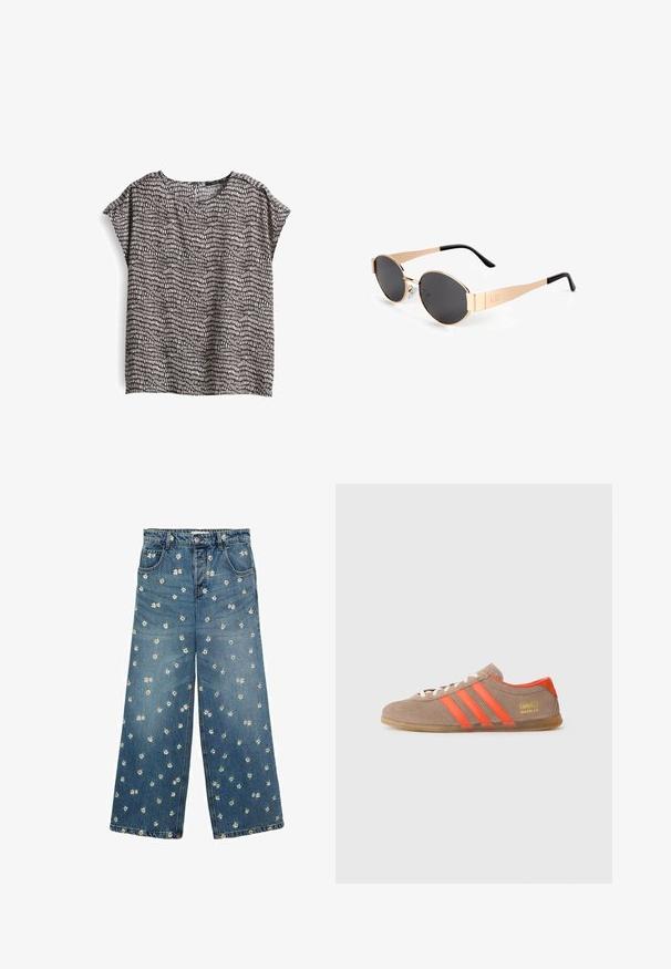 Blusa a maniche corte, morbida e di taglio ampio, di colore grigio scuro con stampa astratta bianca. Tessuto morbido, scollatura rotonda e spacchi laterali nell'orlo.; Jeans a gamba larga in denim blu con un motivo di ricamo floreale e piccole margherite sparse su tutta la stoffa.; Sneaker in suede marrone con tre strisce arancioni vivaci, lacci frontali e marchio dorato "Gazelle" sul lato. Suola piatta in gomma.; Occhiali da sole ovali color oro con lenti scure, caratterizzati da un design elegante, aste sottili e un accento nero all'asta. Modello numero L37.