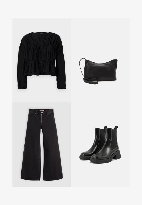 Blusa preta de mangas longas com cintura franzida e detalhe de laço na frente. Apresenta um decote em V e um corte solto com um tecido texturizado.; Calças de ganga de perna larga em denim preto com fecho éclair à frente, design de cinco bolsos e detalhes de costura subtil. Textura suave e estilo casual.; Botas Chelsea em couro preto com um salto grosso, painéis laterais elásticos e costura branca em contraste. Acabamento texturizado.; Bolsa de ombro em pele preta com textura suave, forma curva, alça ajustável e fecho com zip. Design minimalista sem adornos.