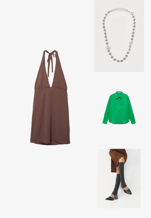 Grünes Leinenhemd mit langen Ärmeln, Kragen, vorderem Knopfverschluss und einer Brusttasche auf der linken Seite. Glatte Textur und lockere Passform.; Braunes Trägerkleid im Halter-Stil mit tiefem V-Ausschnitt, aus leichtem Stoff gefertigt. Verfügt über bindbare Träger im Rücken und eine fließende Silhouette.; Schwarze lacklederne spitze Schuhe mit Blockabsatz und Knöchelriemen, kombiniert mit grauen gerippten Beinstulpen und einem braunen Wildlederrock.; Schwarze Stoffhandtasche mit geraffter Textur, zwei Schulterträgern und Kordelzugverschluss an den Seiten. Glattes, leichtes Material.; Silberfarbener Halsreif mit miteinander verbundenen Stern- und Knotenmotiven, mit strukturiertem Finish und verstellbarer Kette für unterschiedliche Längen.