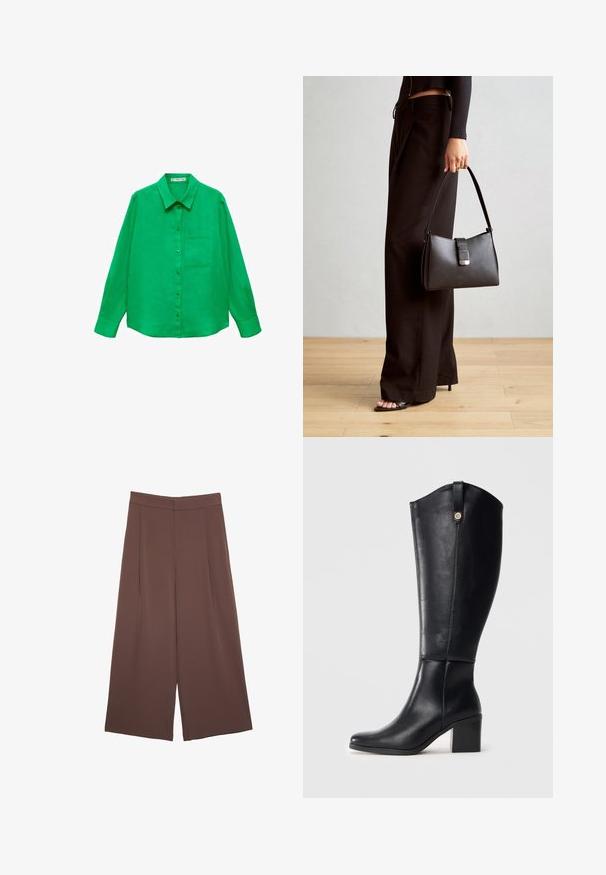 Camicia a maniche lunghe in lino verde con colletto, chiusura anteriore a bottoni e taschino sul lato sinistro del petto. Tessuto liscio e vestibilità rilassata.; Pantaloni ampi marroni con una texture liscia, caratterizzati da una vita alta e pieghe frontali. Il tessuto è leggero e scorre liberamente.; Stivali neri in pelle alti fino al ginocchio con punta quadrata e tacco a blocco. Presentano una cucitura laterale e un accento decorativo in metallo nella parte superiore.; Borsa nera con forma strutturata, texture liscia e una chiusura metallica. Abbinata a pantaloni neri larghi e sandali open-toe su un pavimento in legno.