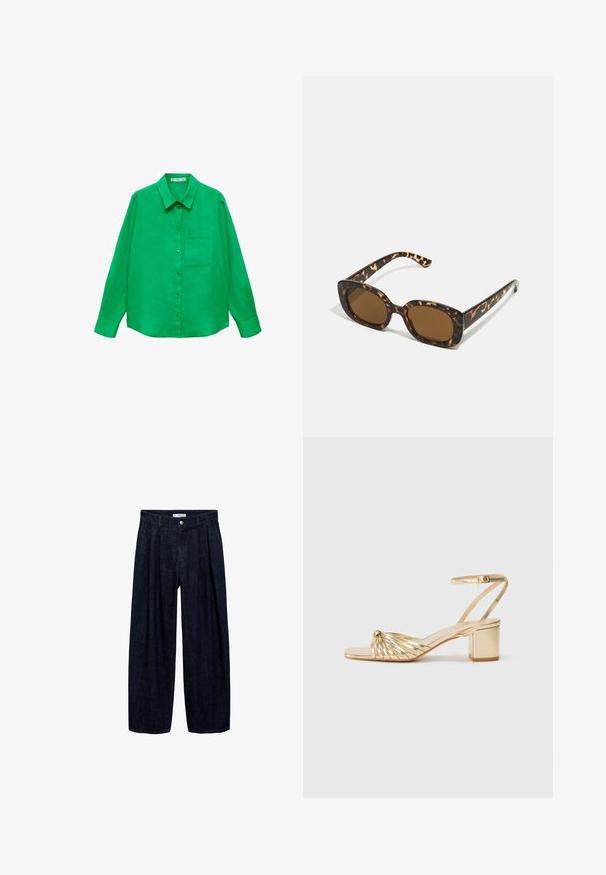 Camicia a maniche lunghe in lino verde con colletto, chiusura anteriore a bottoni e taschino sul lato sinistro del petto. Tessuto liscio e vestibilità rilassata.; Pantaloni wide-leg in denim scuro con pieghe in vita, dotati di un bottone frontale e passanti per cintura. Texture liscia e design a lunghezza completa.; Sandalo con tacco dorato, design con cinturino intrecciato, punta aperta e cinturino alla caviglia. Presenta un tacco a blocco e una finitura metallica liscia.; Occhiali da sole in tartaruga con una montatura rotonda e voluminosa e lenti marroni. Presentano delicati motivi e bracci dritti e affusolati.; Borsa in pelle beige con una forma unica, caratterizzata da due manici corti e una lunga tracolla regolabile. Texture liscia con hardware minimale.