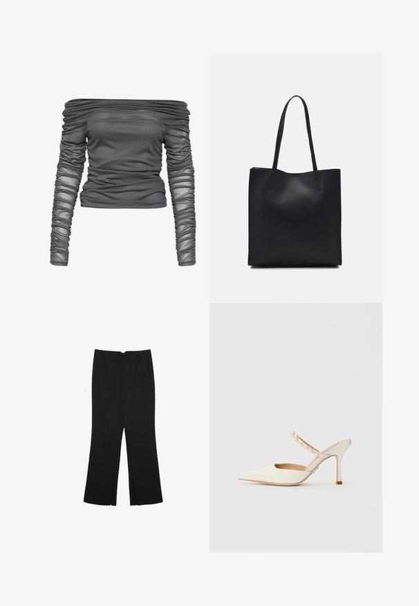 Top off-the-shoulder grigio scuro, realizzato in tessuto trasparente e testurizzato; presenta dettagli arricciati su maniche e corpo per un look aderente.; Pantaloni neri a gamba dritta, con tasche frontali e spacchi laterali all'orlo. Realizzati in tessuto morbido e liscio. Adatti a diverse occasioni.; Steve Madden BRECKI - Ciabattine con tacco - ivory; Borsa tote in pelle nera con texture liscia, forma rettangolare e due manici lunghi. Nessun hardware o decorazione visibile.