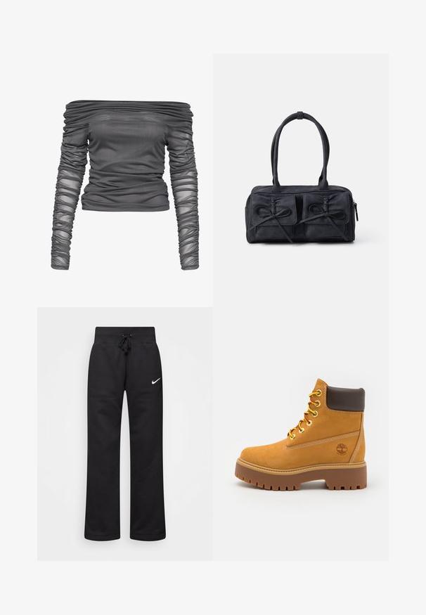 Top off-the-shoulder em cinza escuro, feito de tecido transparente e texturizado; apresenta detalhes franzidos nas mangas e no corpo para um look ajustado.; Calças de moletão pretas feitas de uma mistura de algodão, com um cós elástico ajustável, pernas retas e um logo da Nike branco no lado esquerdo.; Bota ankle impermeável castanha com uma sola de borracha resistente, bico redondo, colarinho de couro castanho, atacadores amarelos e um logotipo na lateral.; Bolsa de tecido preta com dois bolsos frontais com detalhes em laço, alças duplas e fecho em zíper. Textura macia e formato retangular.