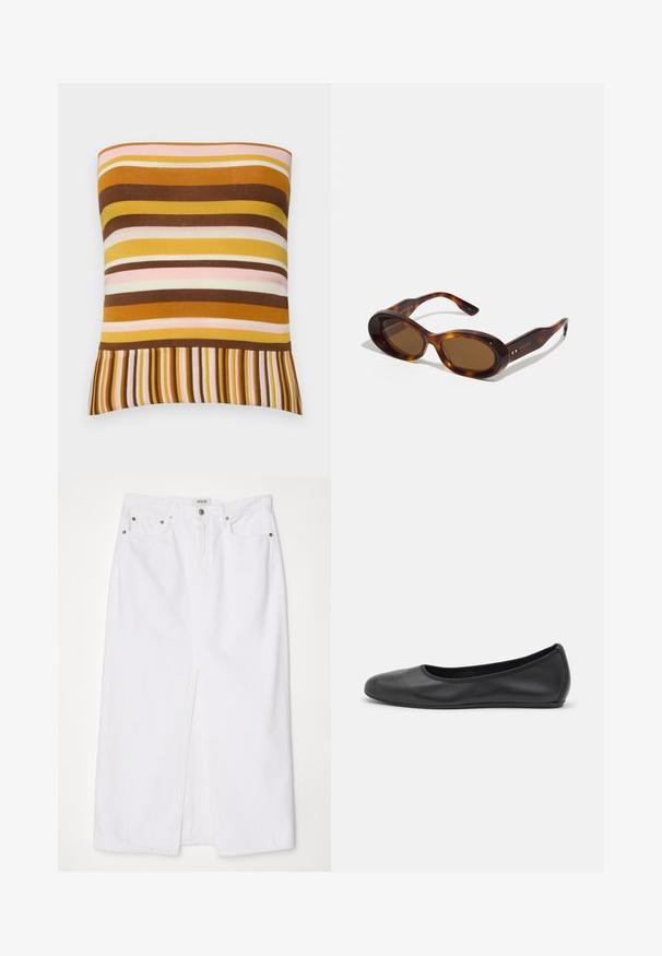 Strapless ribbed top featuring horizontal stripes in shades of brown, yellow, and pink, with a flared hem of alternating thin stripes.; White denim skirt featuring a front slit, five-pocket design, metal button and zipper closure, and stitched hem details.; Black leather ballet flat with a rounded toe, smooth texture, minimal stitching detail, and a flexible sole design.; Tortoiseshell sunglasses with oval lenses, brown tint, and gold accents on the arms. Thick frames with a glossy finish and smooth texture.