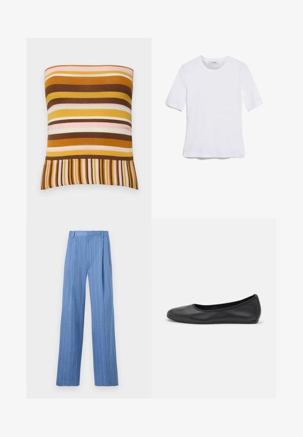 Top fără bretele din material ribat, cu dungi orizontale în nuanțe de maron, galben și roz, având un tiv evazat cu dungi subțiri alternante.; Tricou alb cu mânecă scurtă, confectionat dintr-un material texturat. Gât rotund, tăietură regulară și detalii subtile de cusătură. Fără modele sau grafice.; Pantaloni largi de culoare bleu deschis, cu dungi verticale albe. Confectionați dintr-un material neted, cu pliuri frontale și un design curat al taliei.; Balerini din piele neagră, cu vârf rotund, textură netedă, detalii de cusătură minimale și un design al tălpii flexibil.